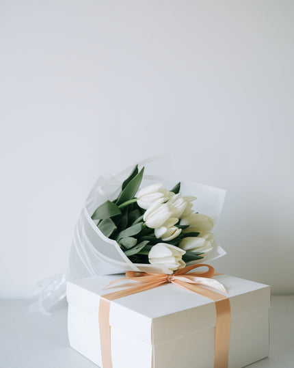 White Tulips with White Gift Box and Peach Ribbon