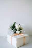 White Tulips with White Gift Box and Peach Ribbon