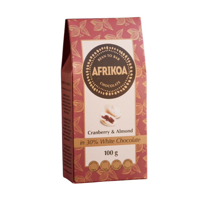Afrikoa Cranberry and Almond in 30% White Chocolate